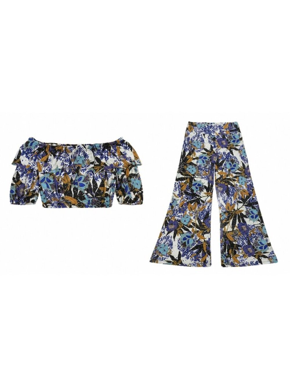 Verónica L Two Piece Set Blue Floral Wide Leg Pants Off Shoulder Top Palazzo USA